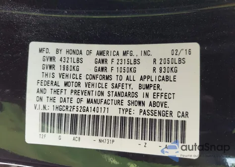 2016 Honda Accord Sport from USA, damaged, VIN 1HGCR2F52GA140171